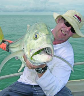 Big GTs like this 10kg model will snaffle live baits, lures or pilchard from the top of the water to the bottom. They’re tough work in the tropical heat but great fun.